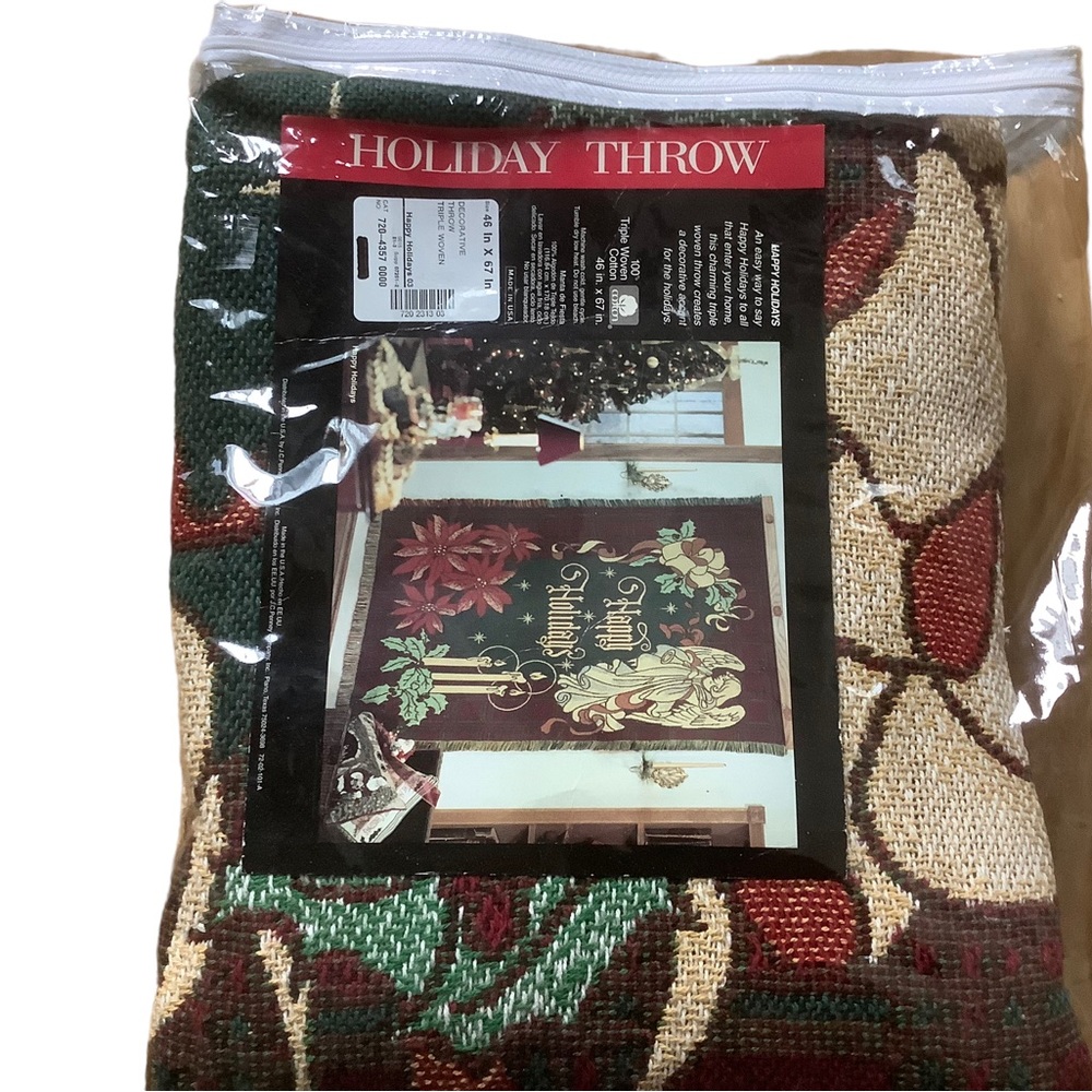 Vintage Holiday decorative triple woven trow blanket knit Happy Holidays throw
